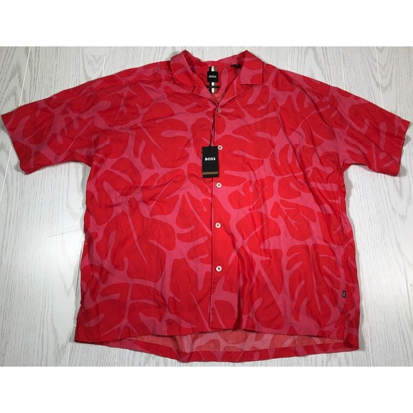 Hugo Boss Drew Camp Button Up Shirt Mens XXL Red Floral Lightweight New $178 - Picture 1 of 12